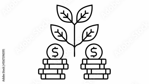 Plant growing from stacks of coins representing financial growth and investment isolated on white background