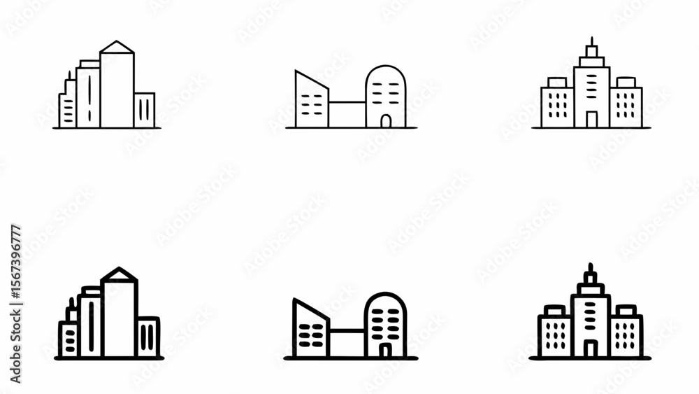 Collection of modern building icons and city skyline elements isolated on white background Collection of modern building icons and city skyline elements isolated on white background