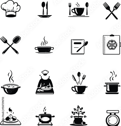 Chef cooking restaurant kitchen food menu recipe culinary utensils icons vector illustration design
