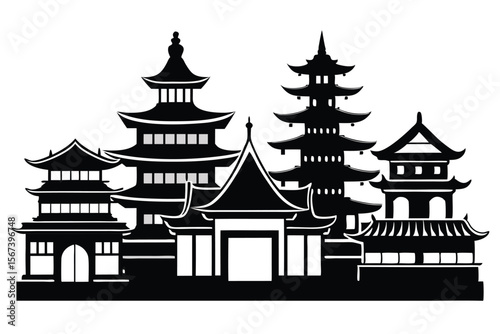 Silhouette of Asian Temples and Pagodas Landscape
