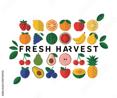 Collection of fresh fruits and the words fresh harvest