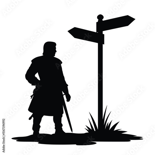 Medieval warrior standing at a crossroads signpost considering his next journey