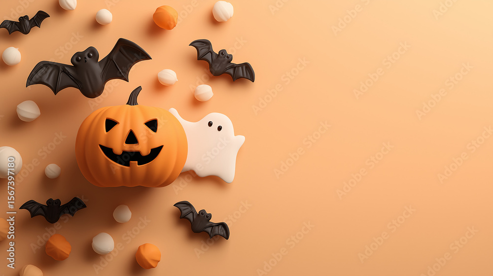 Fototapeta premium Halloween pumpkin ghost bats and candy isolated on a transparent background jack o lantern