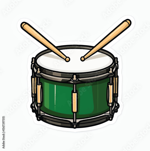 Green Snare Drum with Drumsticks – Vector Illustration of Musical Percussion Instrument