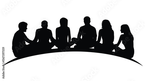Diverse group of six people meditating together in a circle on a white background