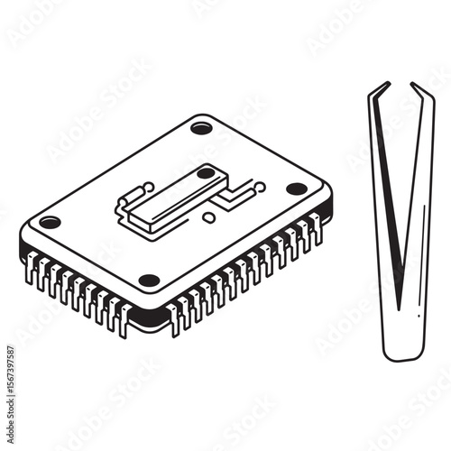 Vector illustration of microchip and tweezer tools for electronics and technology purposes