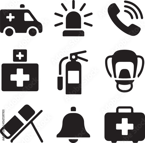Emergency Response Icons Ambulance, Fire Extinguisher, First Aid Kit, and More