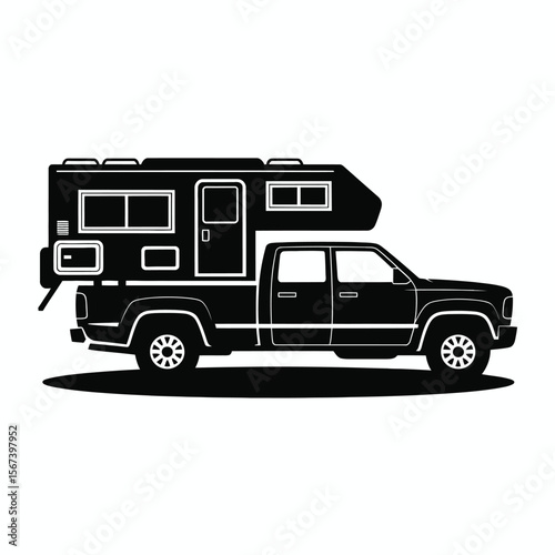 Black and white silhouette of a truck camper with a double cab