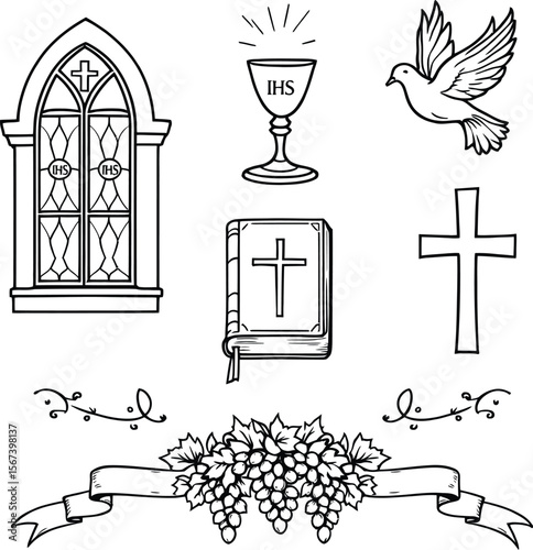 Christian religious symbols outline vector illustration for church design and decoration elements set