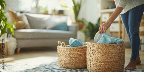 A modern home with a person tidying up, placing items in storage baskets and wiping surfaces