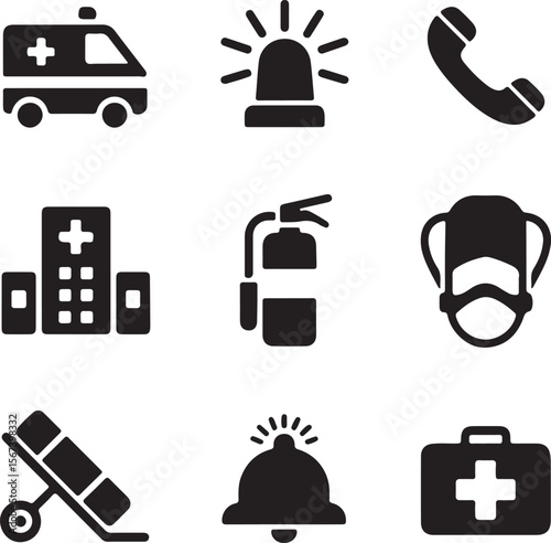 Emergency Response Icons Ambulance, Hospital, Fire Extinguisher, First Aid Kit, and More