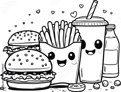 Kawaii fast food coloring page burger fries drink cute illustration vector art for kids and adults