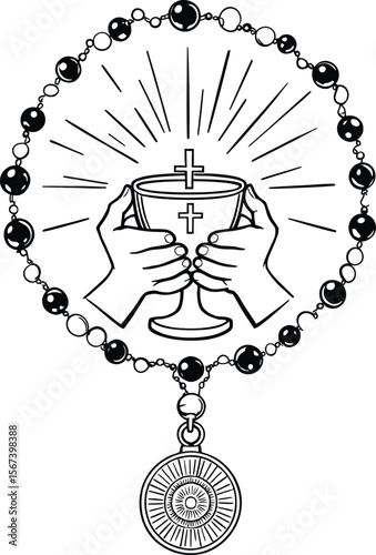 First communion eucharist rosary beads catholic religious hands chalice cross spiritual drawing illustration