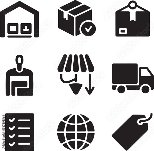 Logistics, Shipping, and Delivery Icons Warehouse, Package, Truck, and More