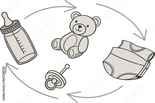 baby care items with toy bottle and diaper