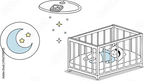 baby sleeping in crib under moon and stars