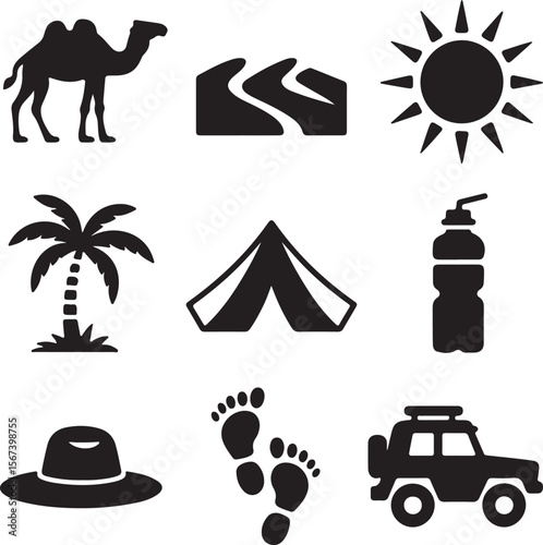 Desert Safari Adventure Camel, Sun, Tent, and More Icon Set