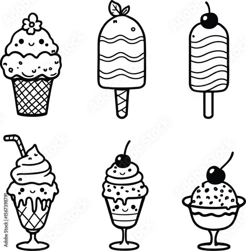 Cute ice cream desserts vector illustration coloring page for kids summer treat food drawing design