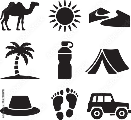 Desert Adventure Camel, Sun, Sand Dunes, Oasis, and Camping Icons