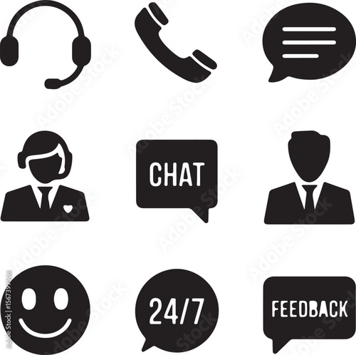 Customer Support Icons  Headset, Phone, Chat, Feedback, 24/7 Availability