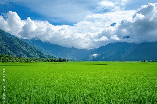 Detailed Picture of Green Rice Fields,White Clouds,Mountains in Hualien,Taiwan