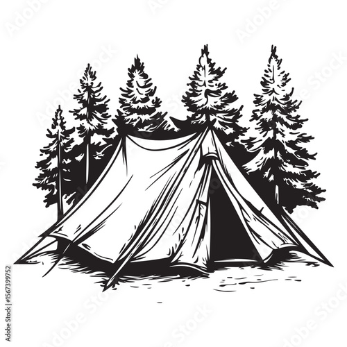 Forest Camping Illustration line art peaceful retreat under the stars, camping tent silhouette ,Camper trailer icon, Vector illustration, camping tent symbol