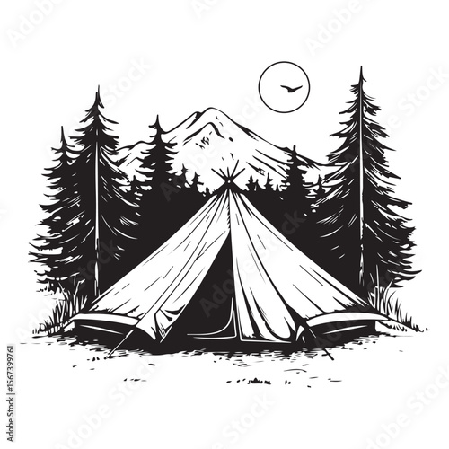 Forest Camping Illustration line art peaceful retreat under the stars, camping tent silhouette ,Camper trailer icon, Vector illustration, camping tent symbol