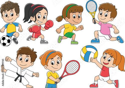 Cartoon kids playing different sports, soccer, tennis, boxing, volleyball, karate, children athletes in action, fitness, healthy lifestyle, teamwork flat vector illustration