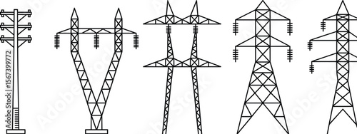 Collection of electric transmission towers and utility poles, high voltage infrastructure illustration, power grid system vector for energy distribution design flat vector illustration
