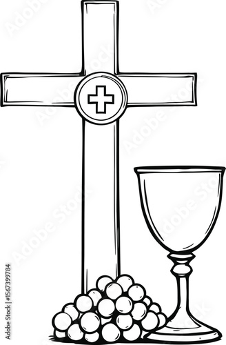 Christian cross chalice and grapes illustration for eucharist communion religious design vector drawing 100