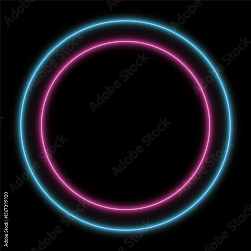Pink and blue neon lighting circle frame on black square background graphic illustration.