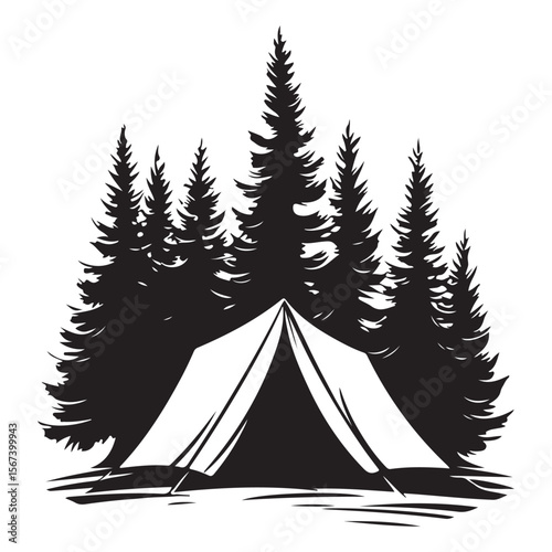 Forest Camping Illustration line art peaceful retreat under the stars, camping tent silhouette ,Camper trailer icon, Vector illustration, camping tent symbol