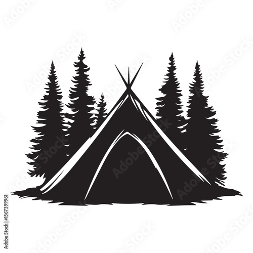 Forest Camping Illustration line art peaceful retreat under the stars, camping tent silhouette ,Camper trailer icon, Vector illustration, camping tent symbol
