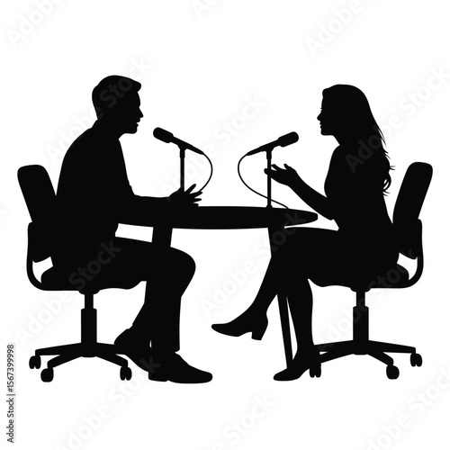 Two people in silhouette sitting at a table with microphones discussing a topic