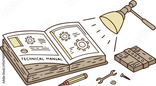 technical manual book with tools and lamp