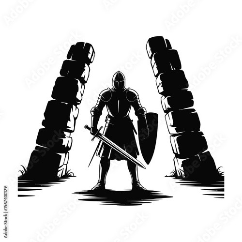 Medieval knight in full armor standing guard between ancient stone pillars