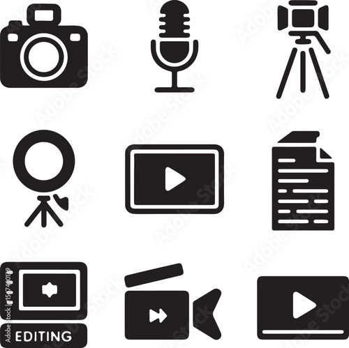 Video and Film Production Icons Camera, Microphone, Lighting, Editing, and More