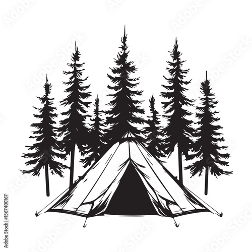 Forest Camping Illustration line art peaceful retreat under the stars, camping tent silhouette ,Camper trailer icon, Vector illustration, camping tent symbol
