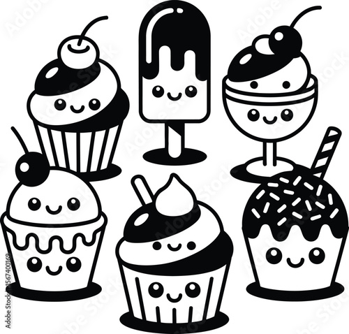 Cute kawaii dessert vector illustration with cupcakes ice cream and sundae for children coloring book
