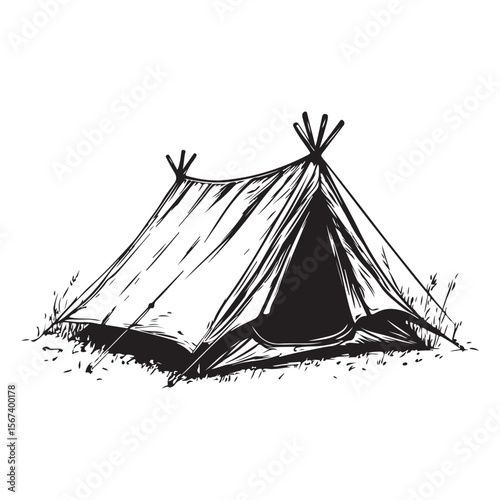 Forest Camping Illustration line art peaceful retreat under the stars, camping tent silhouette ,Camper trailer icon, Vector illustration, camping tent symbol