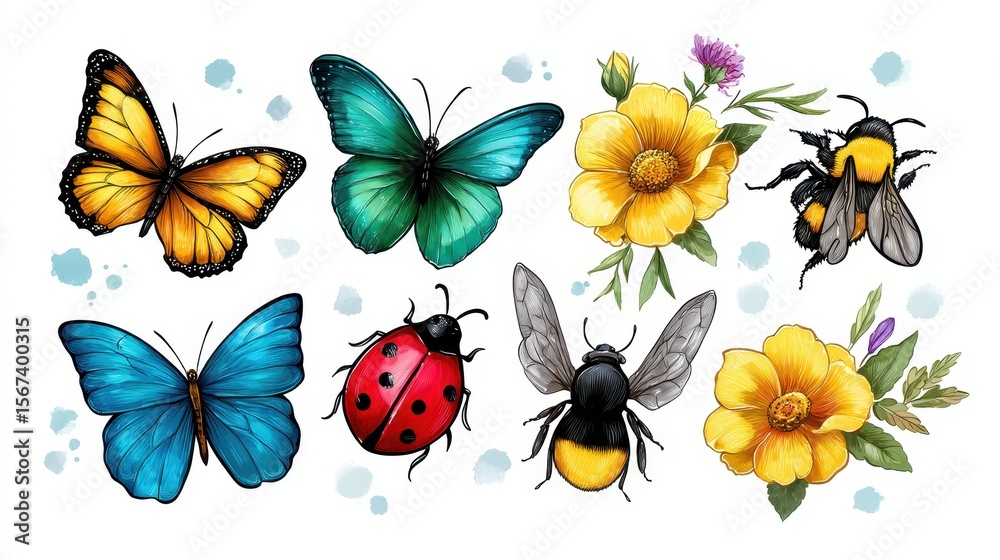 Fototapeta premium Vibrant Watercolor Butterflies Bumblebees and Yellow Flowers Illustration
