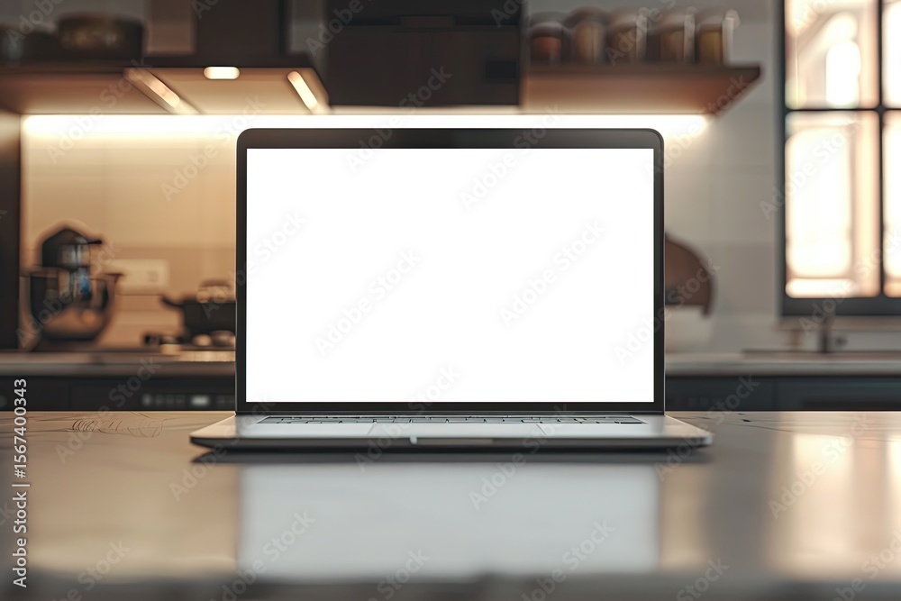 Clear Pixel Image of Laptop with Blank Screen Against Blurred Kitchen Interior Background Clear Pixel Image of Laptop with Blank Screen Against Blurred Kitchen Interior Background