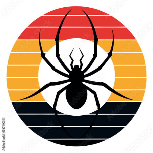 Spider crawling on a circular web silhouette with a retro background effect