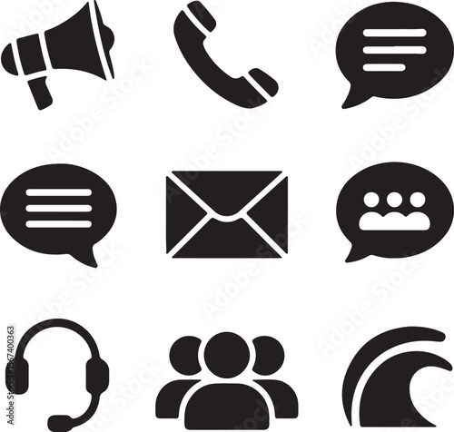 Communication Icons Megaphone, Phone, Email, Chat, Group, Headset, Wave