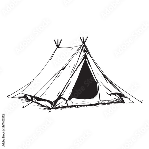 Forest Camping Illustration line art peaceful retreat under the stars, camping tent silhouette ,Camper trailer icon, Vector illustration, camping tent symbol