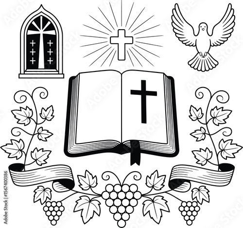Christian symbols vector illustration of bible cross dove grapes and window design for religious theme