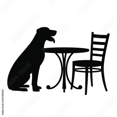 Silhouette of a dog sitting patiently next to a table and chair