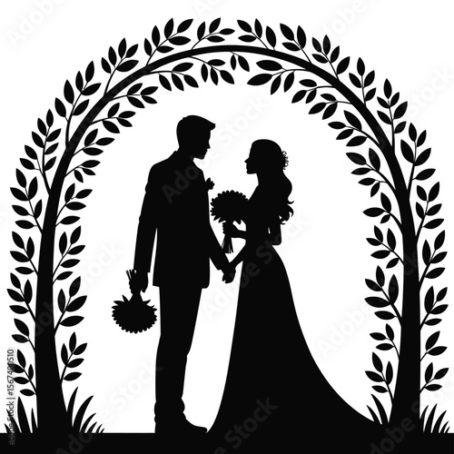 Bride and groom silhouettes holding hands under a floral archway on wedding day
