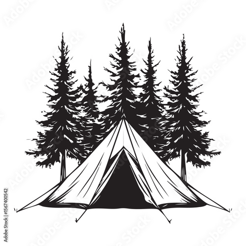 Forest Camping Illustration line art peaceful retreat under the stars, camping tent silhouette ,Camper trailer icon, Vector illustration, camping tent symbol
