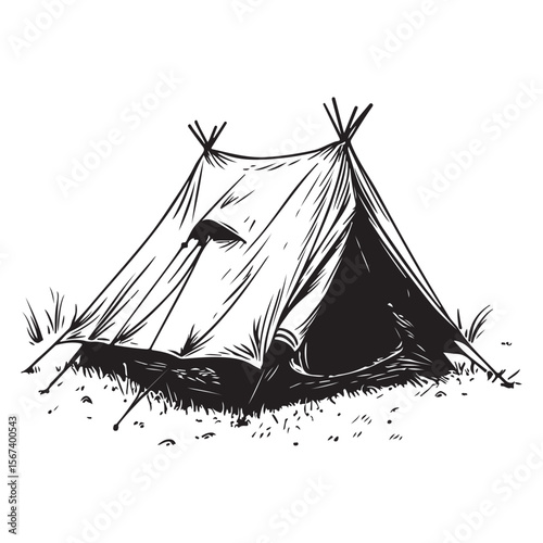 Forest Camping Illustration line art peaceful retreat under the stars, camping tent silhouette ,Camper trailer icon, Vector illustration, camping tent symbol
